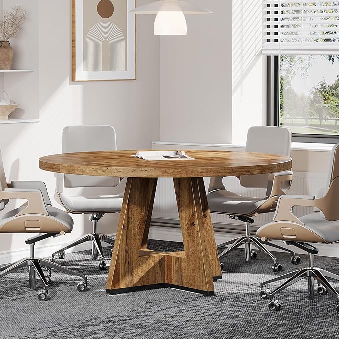 47-Inch Round Conference Table for 4-6 People, Wooden Meeting Room Table with Thicken