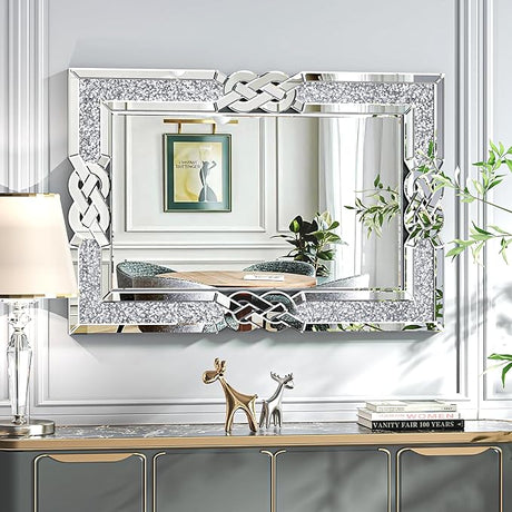 Crystal Crush Diamond Wall Mirror 46.5''x30.5'' Rectangle Silver Mirrors for Wall Decorative Large Wall