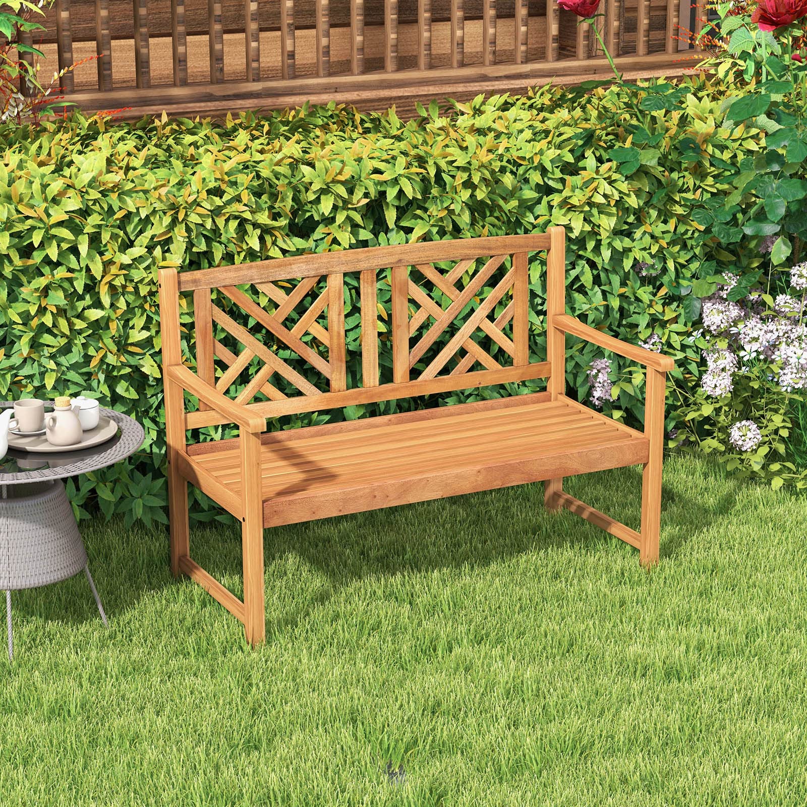 Patio Acacia Wood Bench, 2-Person Outdoor Loveseat Chair