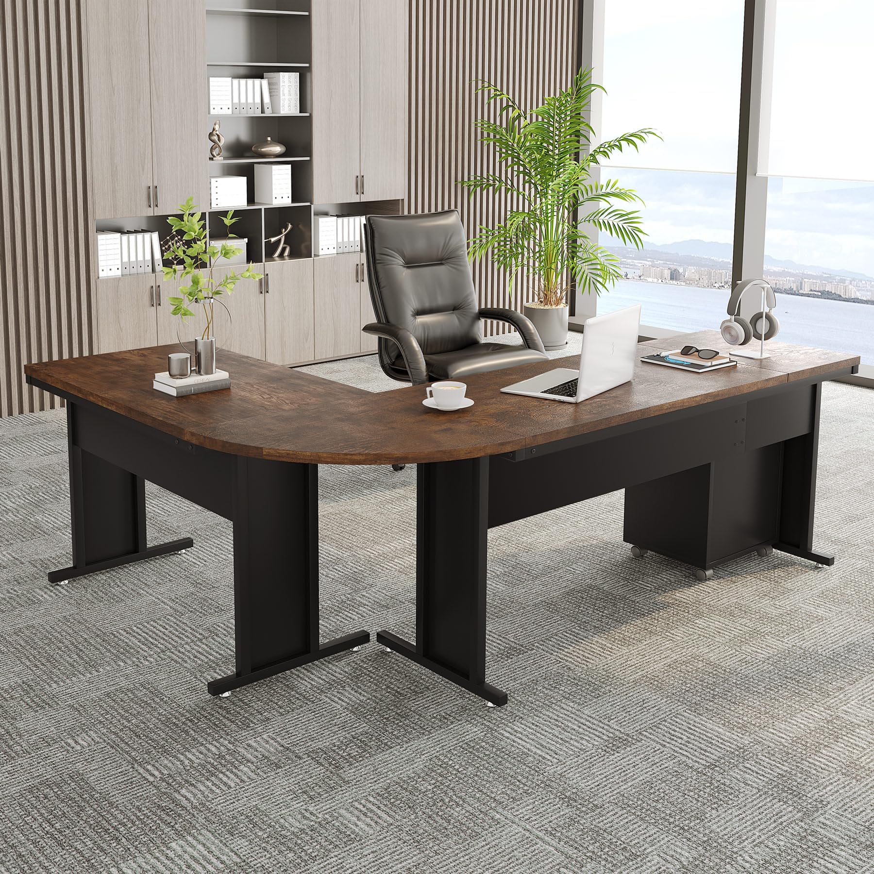 83" L-Shaped Executive Desk, Large Office Desk with 3-Drawer Mobile File Cabinet