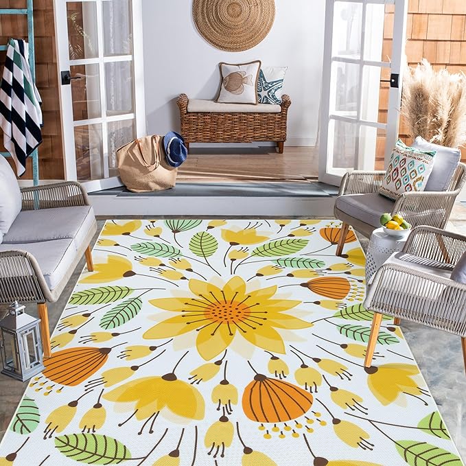 Floral Indoor Outdoor Rugs, 6x9ft Non Slip Outdoor Patio Rug for Balcony Deck, Soft