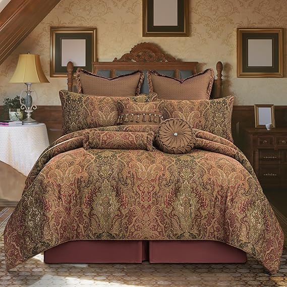 9-Piece Vintage Jacquard Comforter Set - King Size Gradient Red Damask Bedding