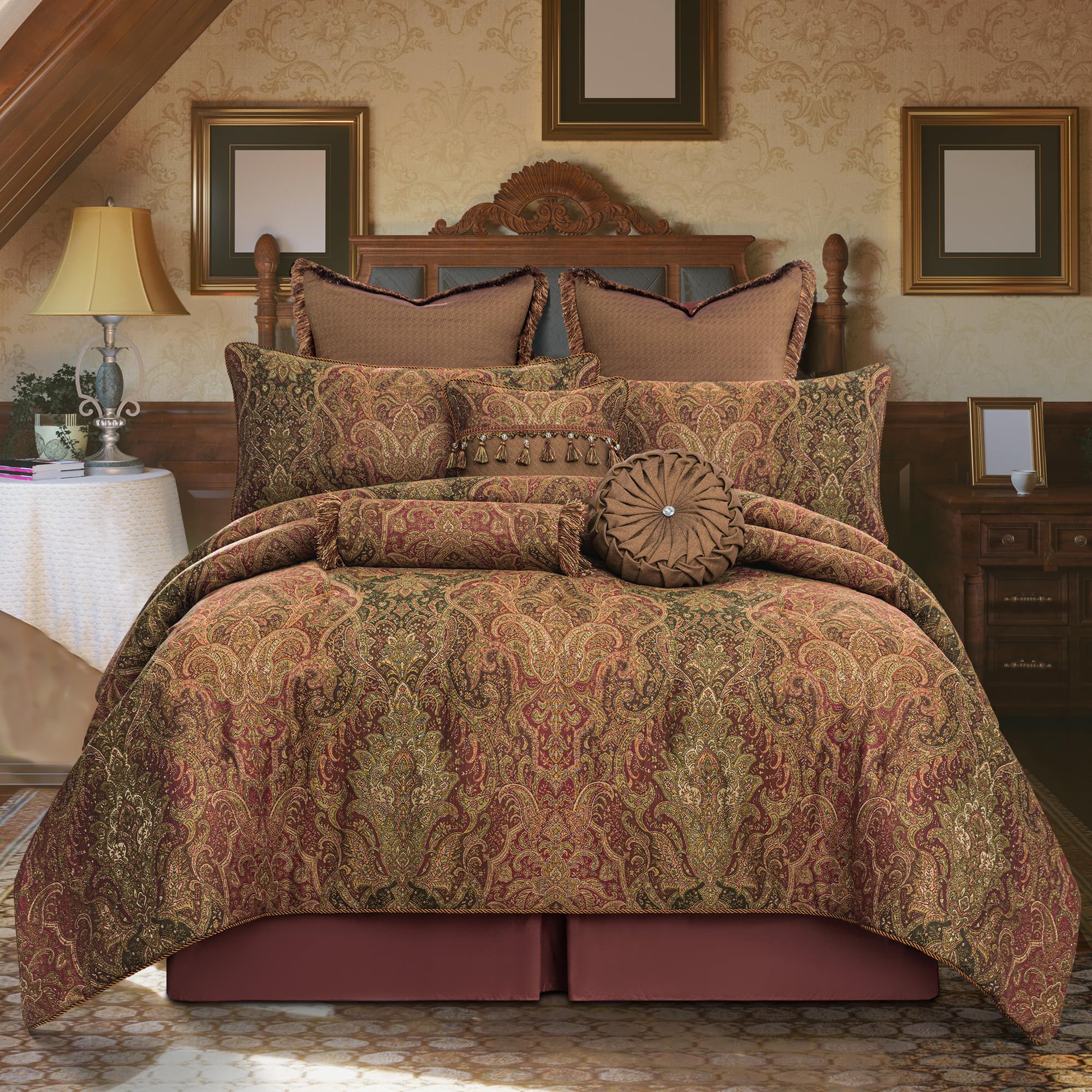 9-Piece Vintage Jacquard Comforter Sets, Gradient Red Traditional Damask Comforter Queen Set