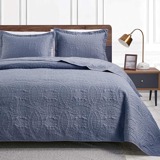 cabin King Size Quilt Set Blue Bedspreads - Soft Bed Summer Quilt Lightweight Microfiber