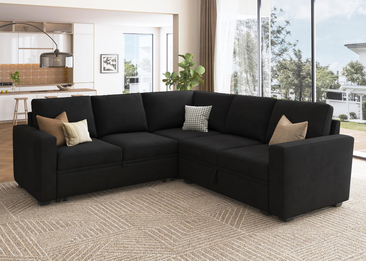 Modular Sectional Sleeper Sofa with Pull Out Bed, Velvet L Shaped Sectional