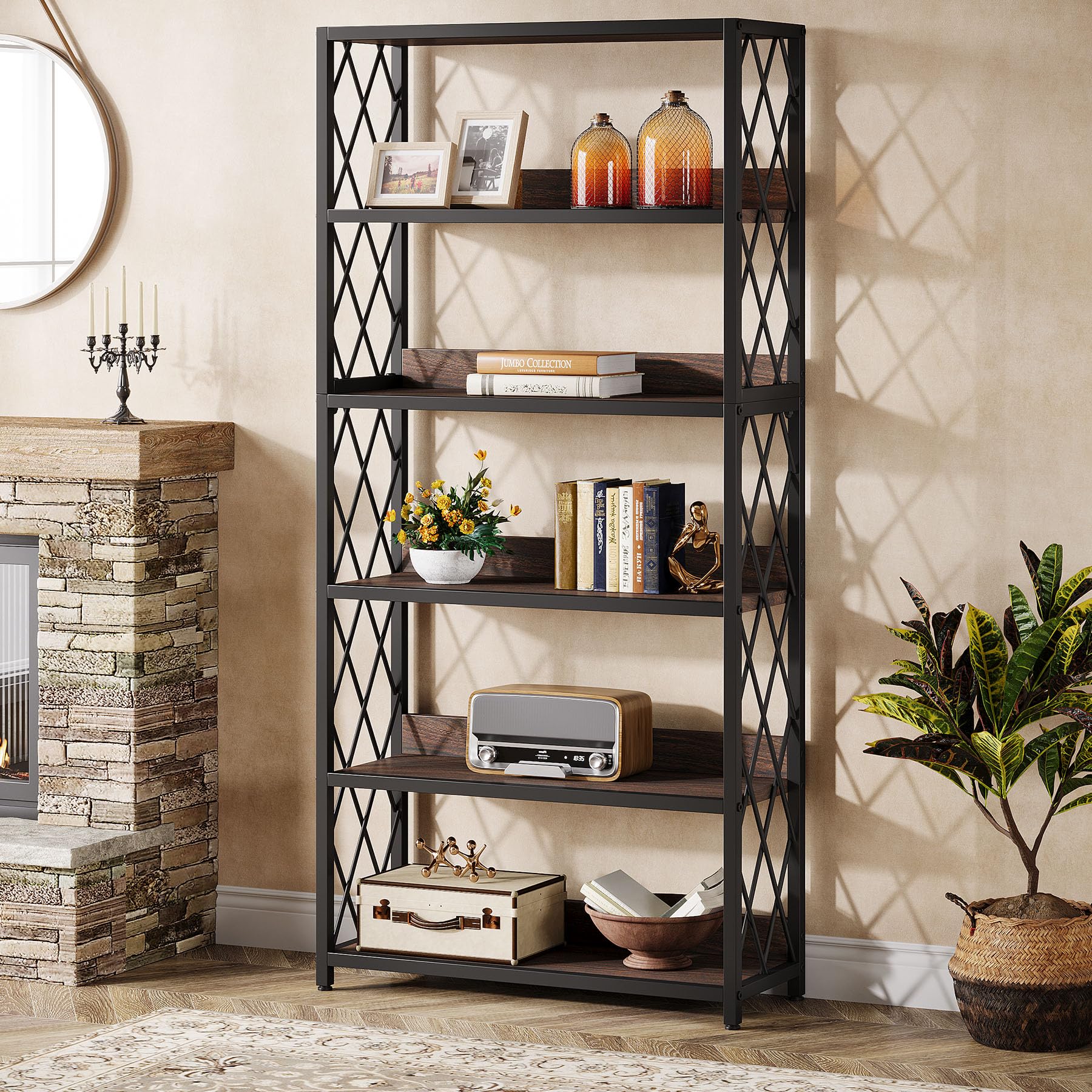 Tribesigns 67 Inch Book Shelf, 5 Tier Industrial Etagere Bookcase with Open Shelves, Tall Bookshelf for Living Room, Bedroom, Home Office (Brown + Black)