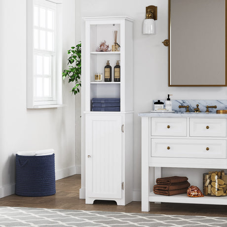 64" Freestanding Storage Cabinet, Bathroom Tall Silm Cabinet with Doors and Adjustable Shelves,