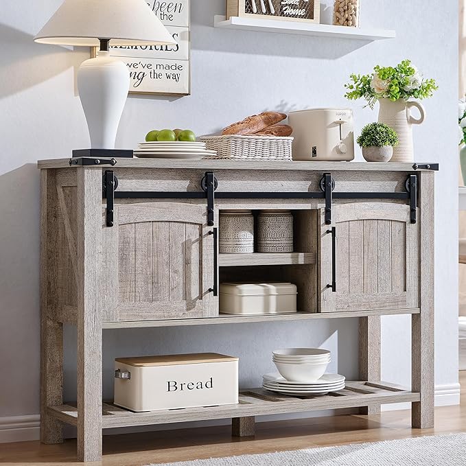 Farmhouse Entryway Table with Sliding Arch Doors, 46" Rustic Console Table