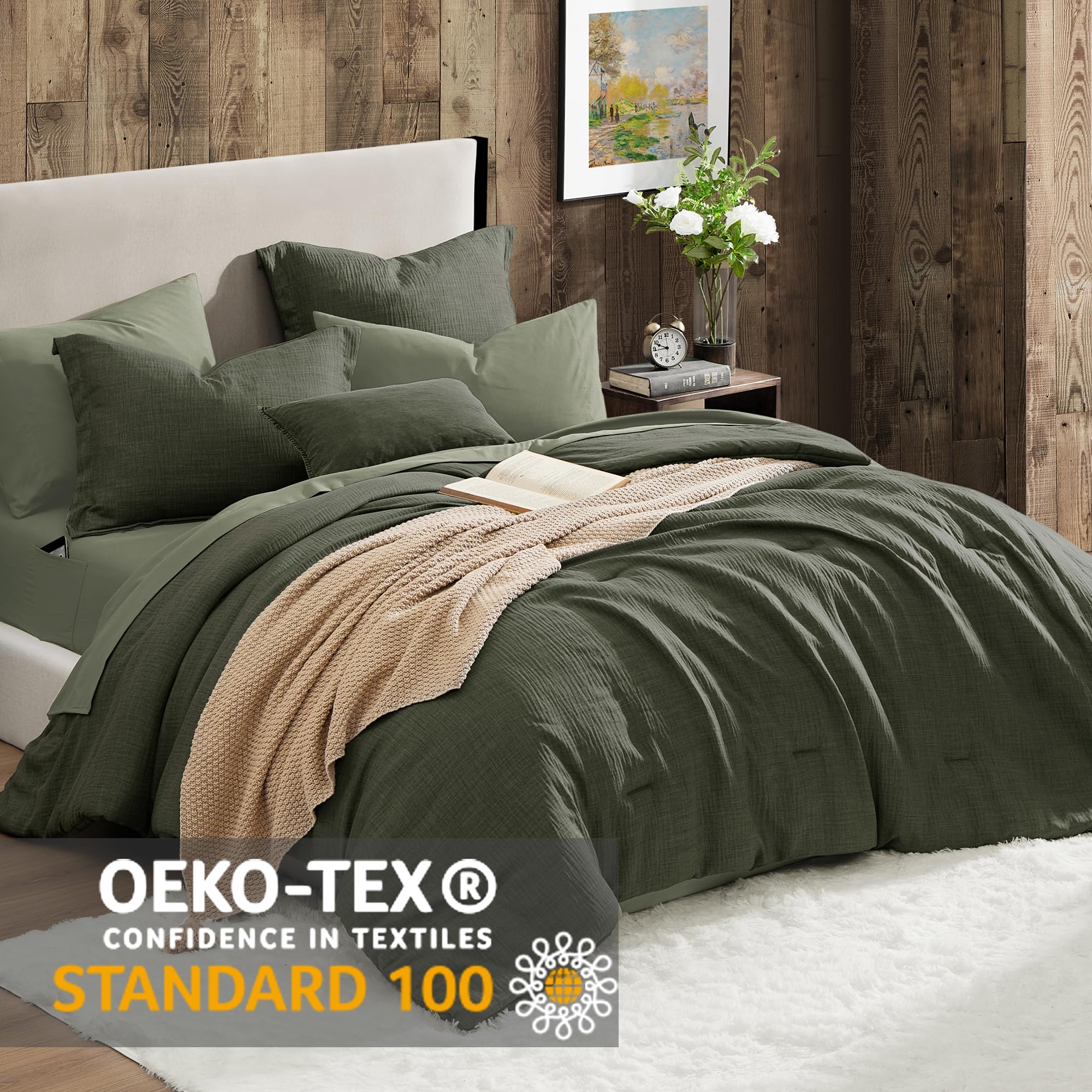 Geniospin 7-Piece Queen Comforter Set - Solid Bedding with Sheets and Shams for All Seasons (Dark Green)