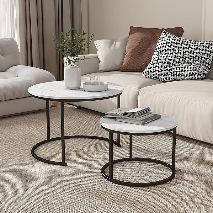 Industrial Round Coffee Table Set of 2 for Living Room,Rustic Small Wood Coffee Table