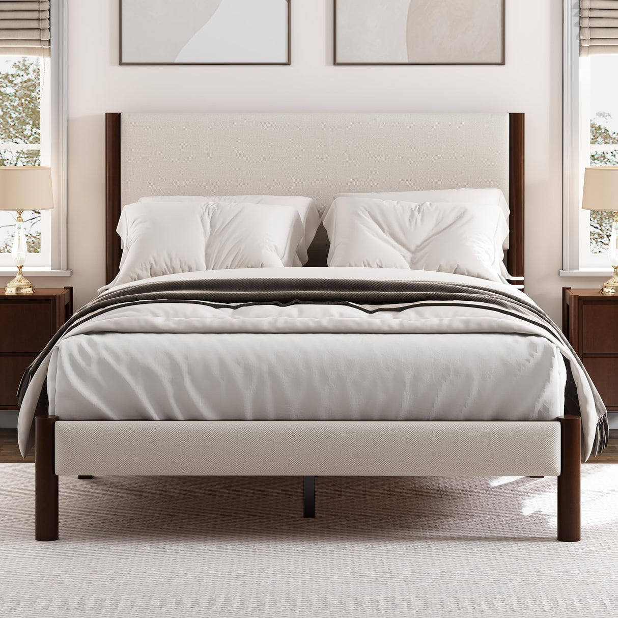 Queen Bed Frame, Wood Platform Bed Frame with Upholstered Headboard