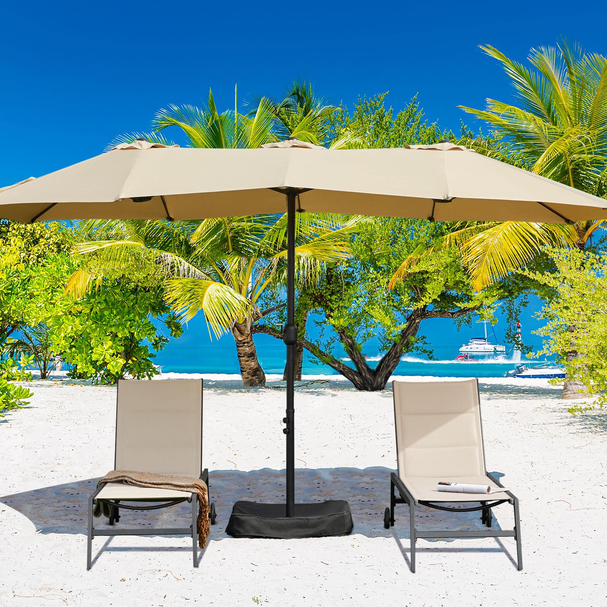 15 ft Triple-size Patio Umbrella w/Base Includedatio Parasol w/Easy Crank &