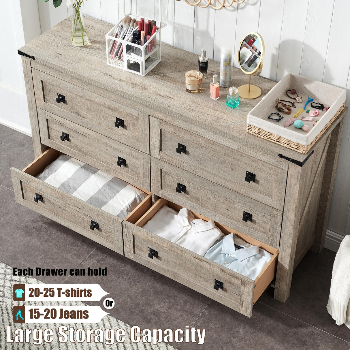 Farmhouse 6 Drawers Dresser for Bedroom, Wood Rustic Wide Chest of Drawers