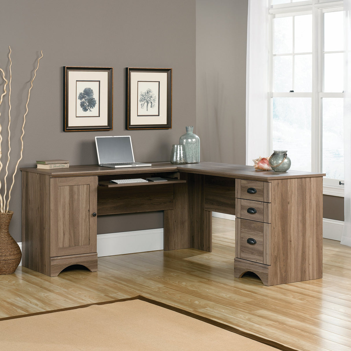 Harbor View Computer Desk, 66.14"D x 66.14"W x 30.28"H , Salt Oak finish