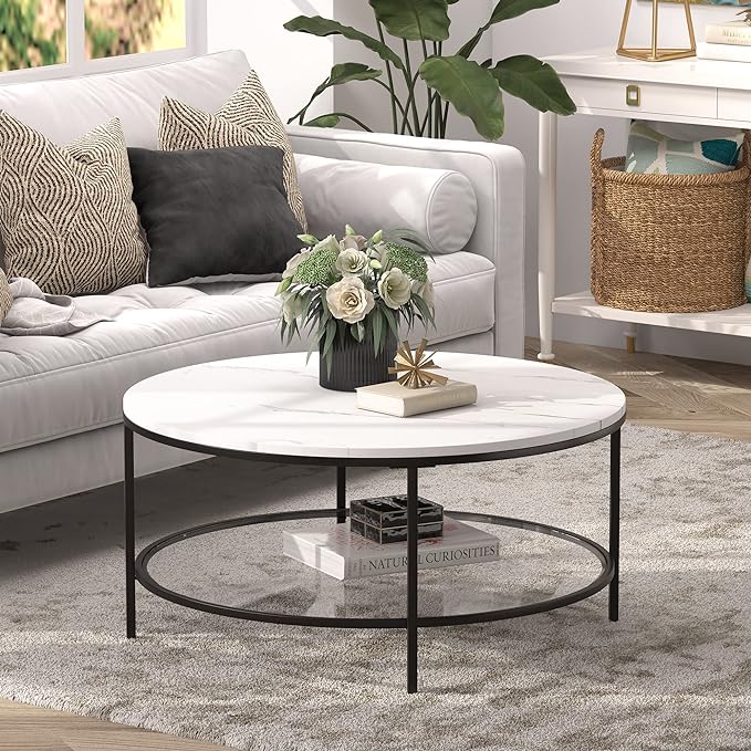 36" Wide Round Round Coffee Table with Faux Marble Top in Blackened Bronze