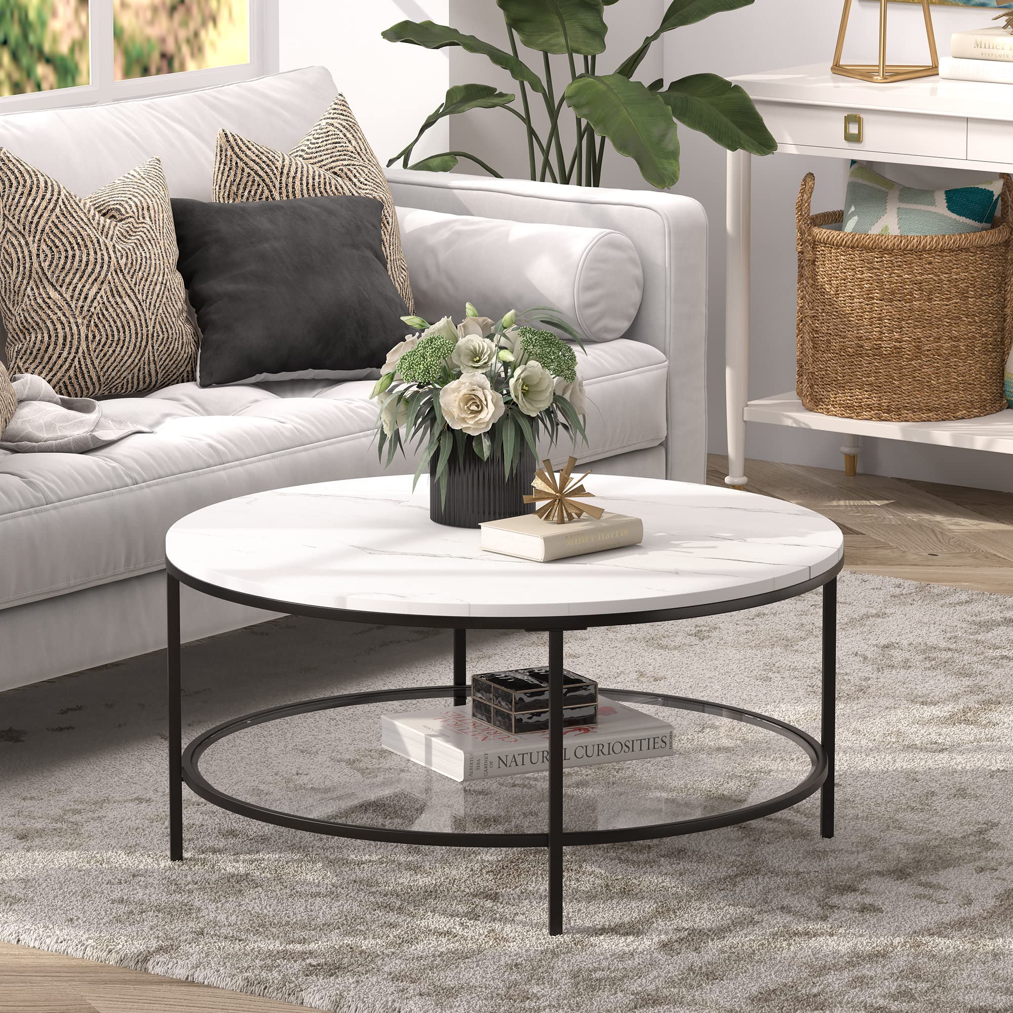36" Wide Round Round Coffee Table with Faux Marble Top in Blackened Bronze