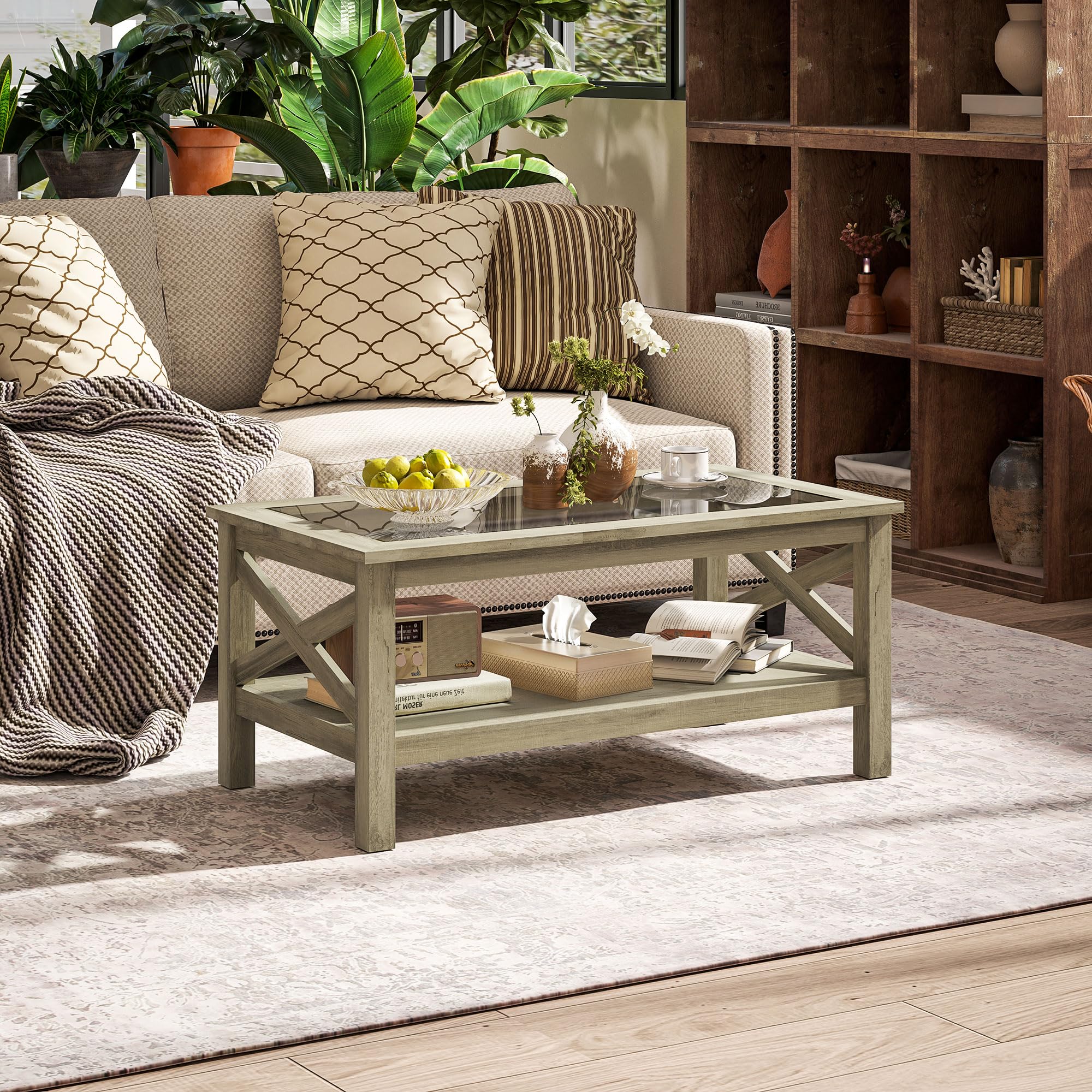 Glass Coffee Table, Modern Farmhouse Center Table with Storage, Side Table