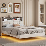 Floating Bed Frame with RGB LED Lights and Charging Station,Velvet Upholstered