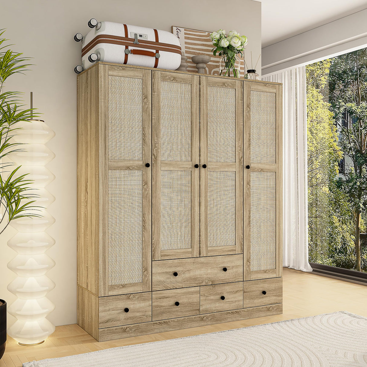 4 Door Wardrobe Armoire Closet, Bedroom Cabinet Armoire with Rattan Doors