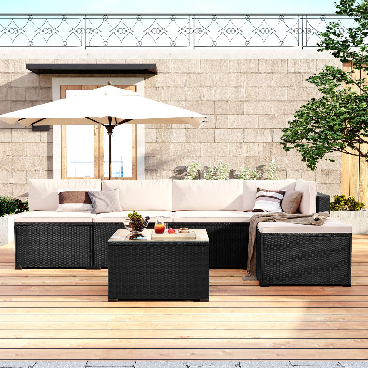 Outdoor Furniture Sofa Set PE Rattan Black Wicker, Patio Chaise Lounge Chair