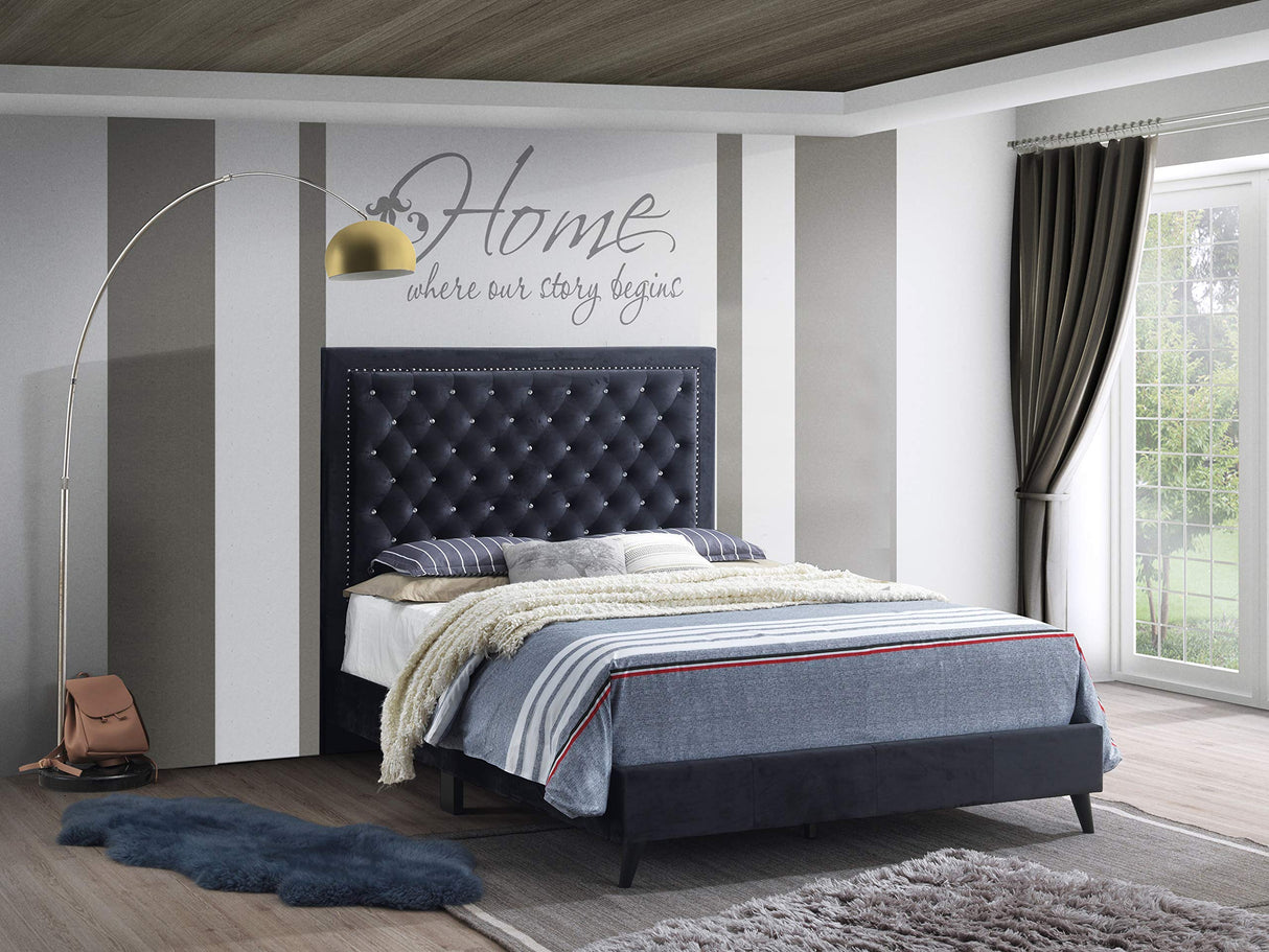 Alba Velvet Upholstered Queen Bed in Black