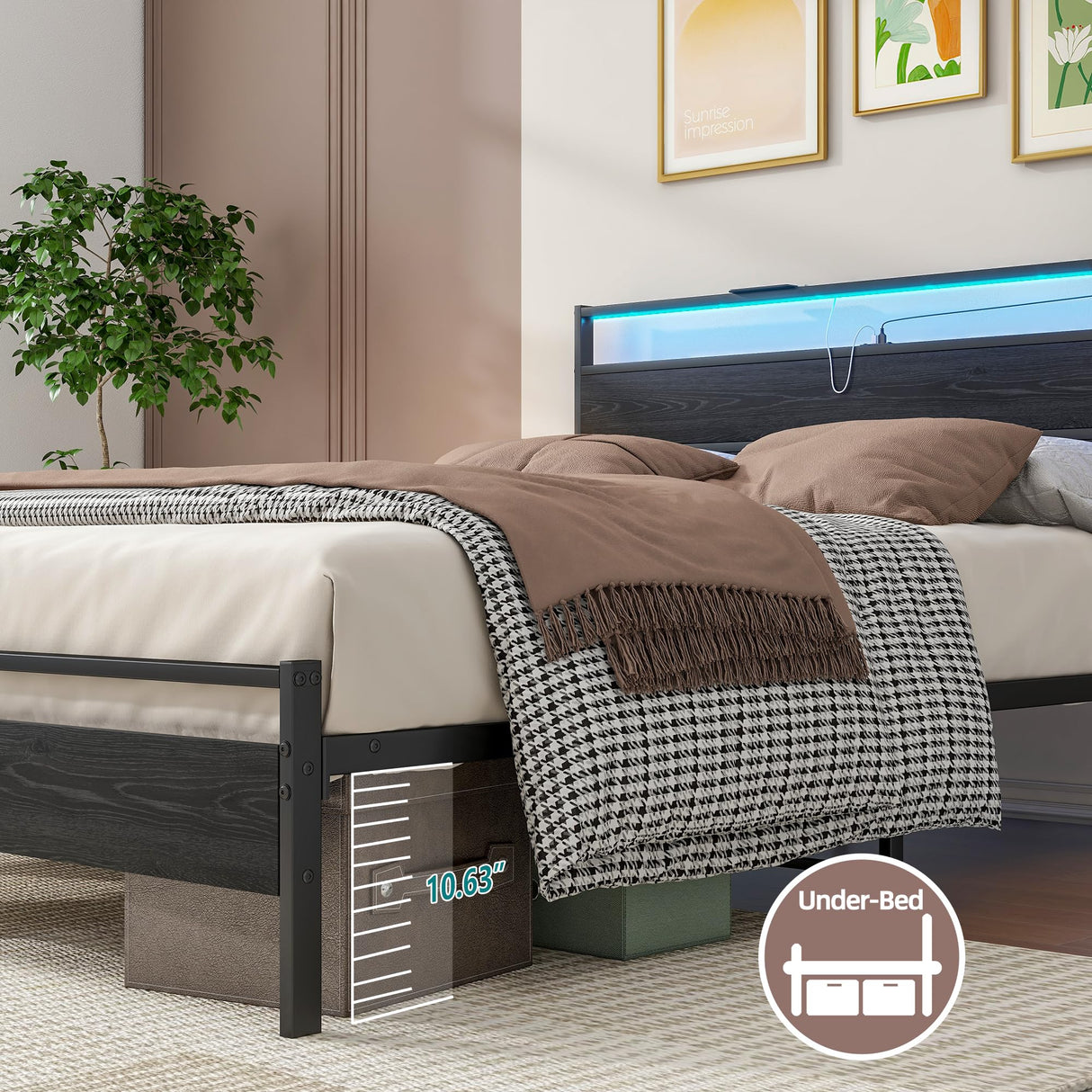 Queen Metal Platform Bed Frame with LED Headboard & USB Charging