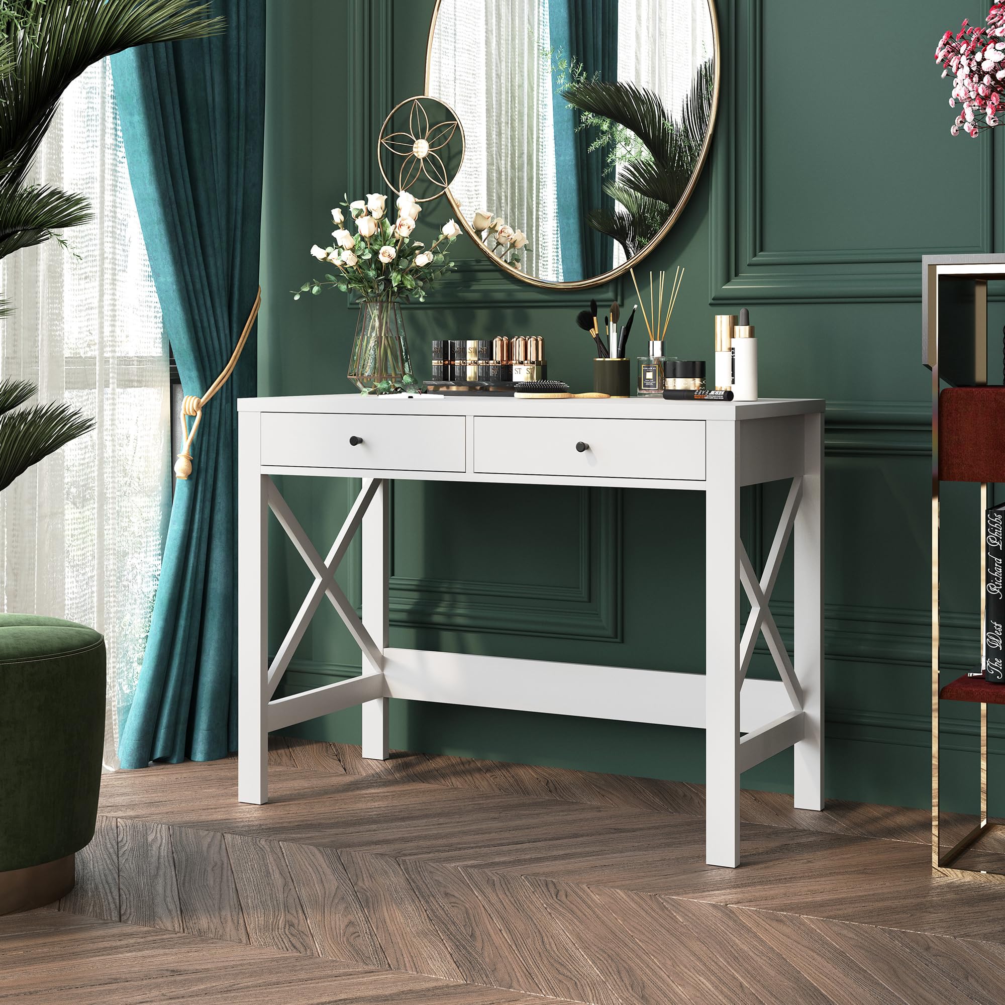 White Office Computer Desk with 2 Drawers - Small Writing Desk