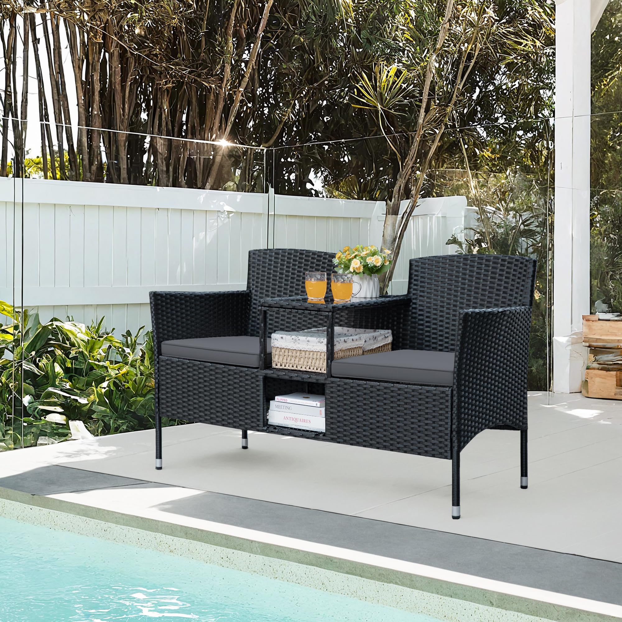 Patio Loveseat Outdoor Wicker Furniture Conversation Set with Soft Cushions & Built-in