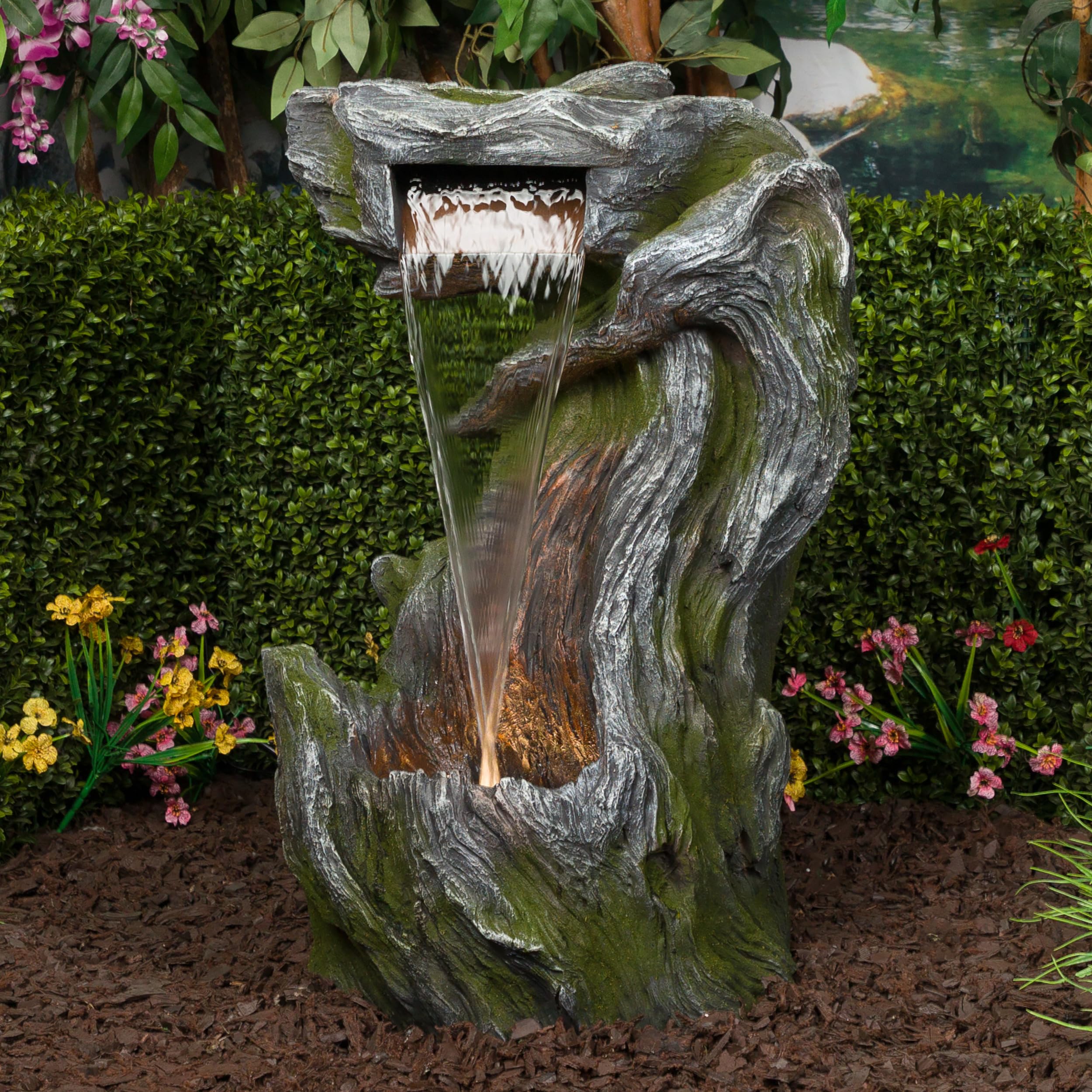 WIN1628 32" Outdoor Tree Bark Water Fountain with LED Lights
