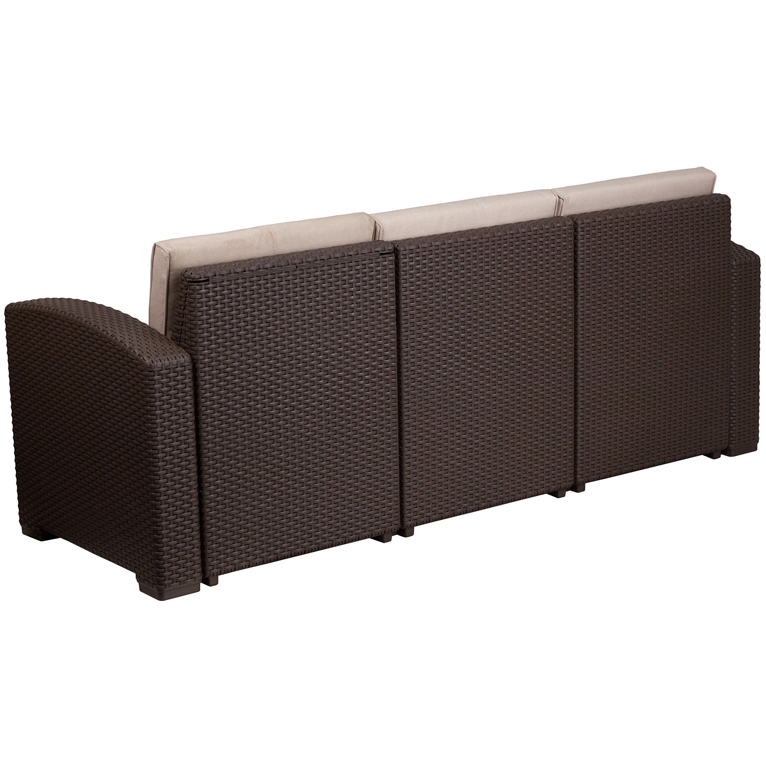 Flash Furniture Seneca Chocolate Brown Faux Rattan Sofa with All-Weather Beige Cushions