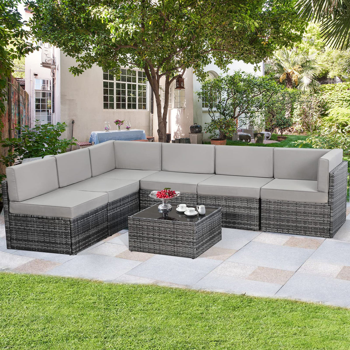 7 Piece Outdoor Patio Furniture Set, Outdoor Sectional Conversation Furniture Chair