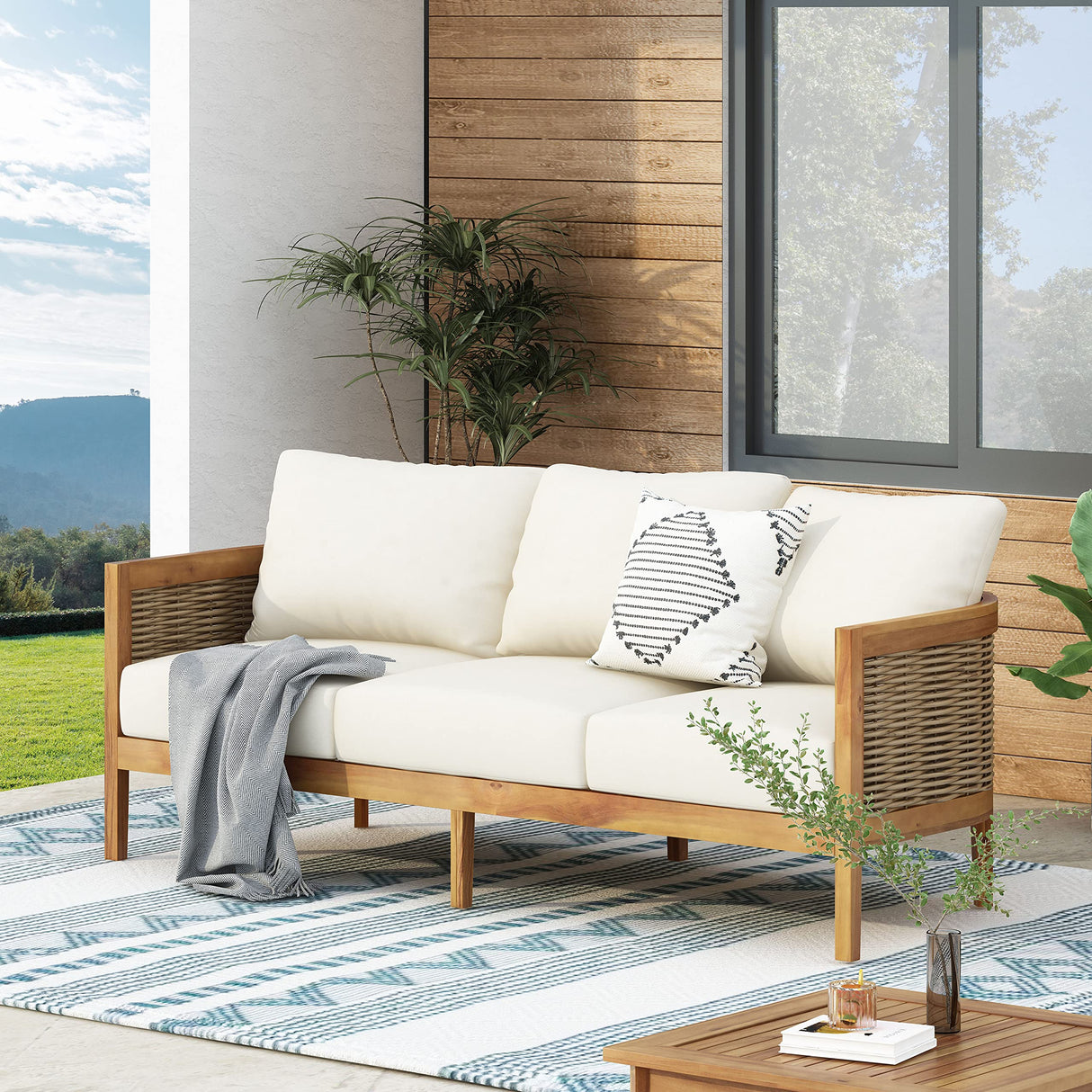 Burchett Outdoor 3 Seater Sofa with Cushions - Acacia Wood and Round Wicker