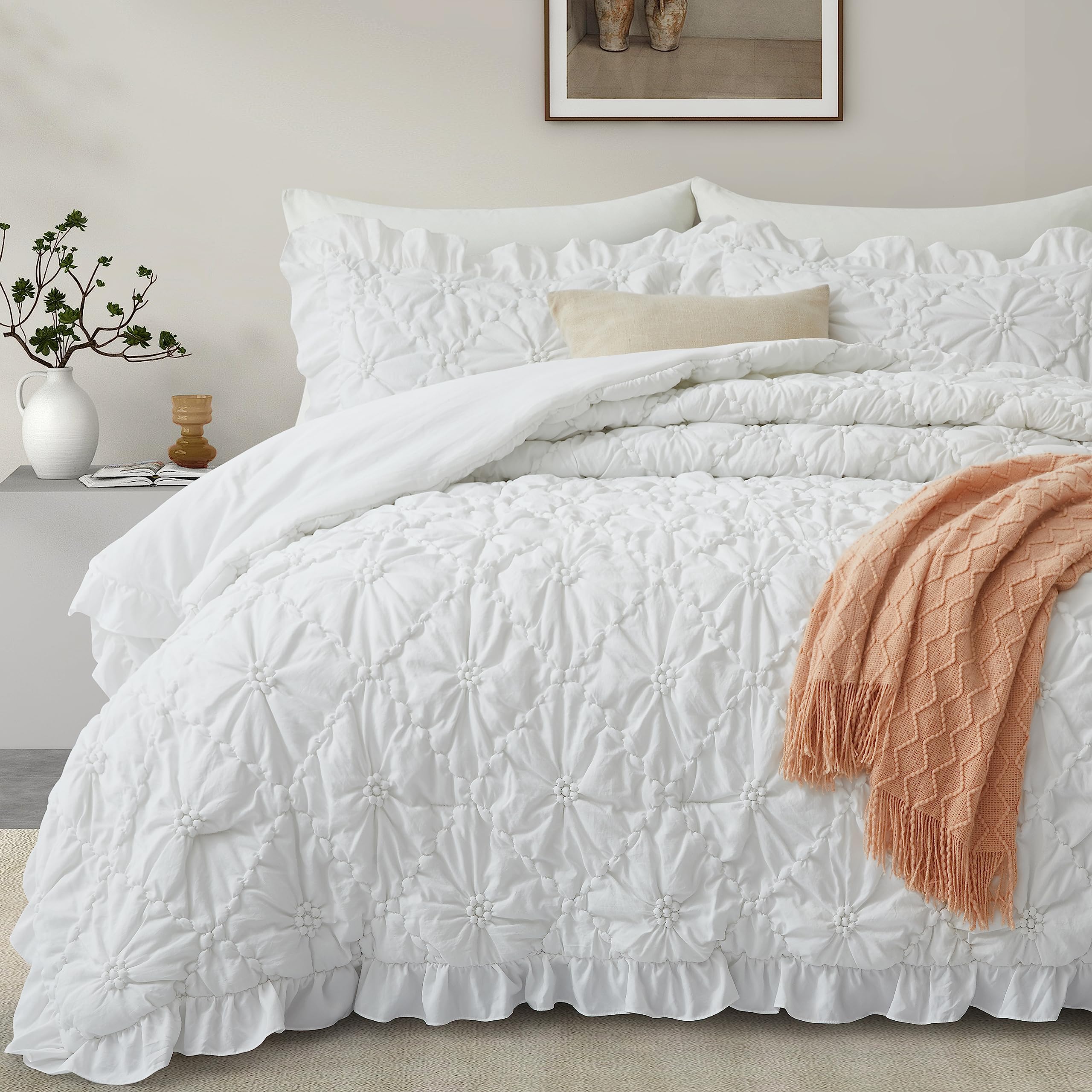 King Size Comforter Sets, White Bedding Comforter Set, 3 Pieces Pinch Pleat Bedding Sets