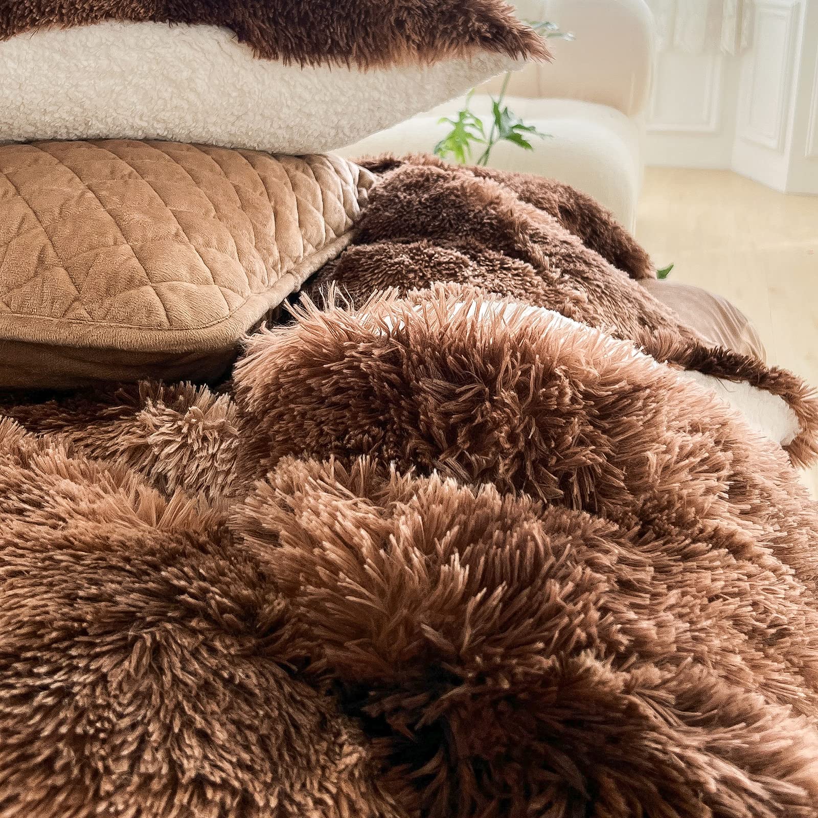 Fur Shaggy Fluffy Comforter Set Twin Size Mixed Coffee Brwon and White Long Hair, 3