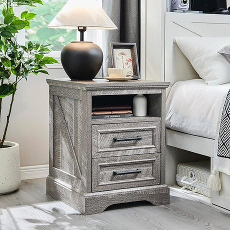 18" Farmhouse Nightstand with Charging Station,End Table with 2 Drawers Storage,Side