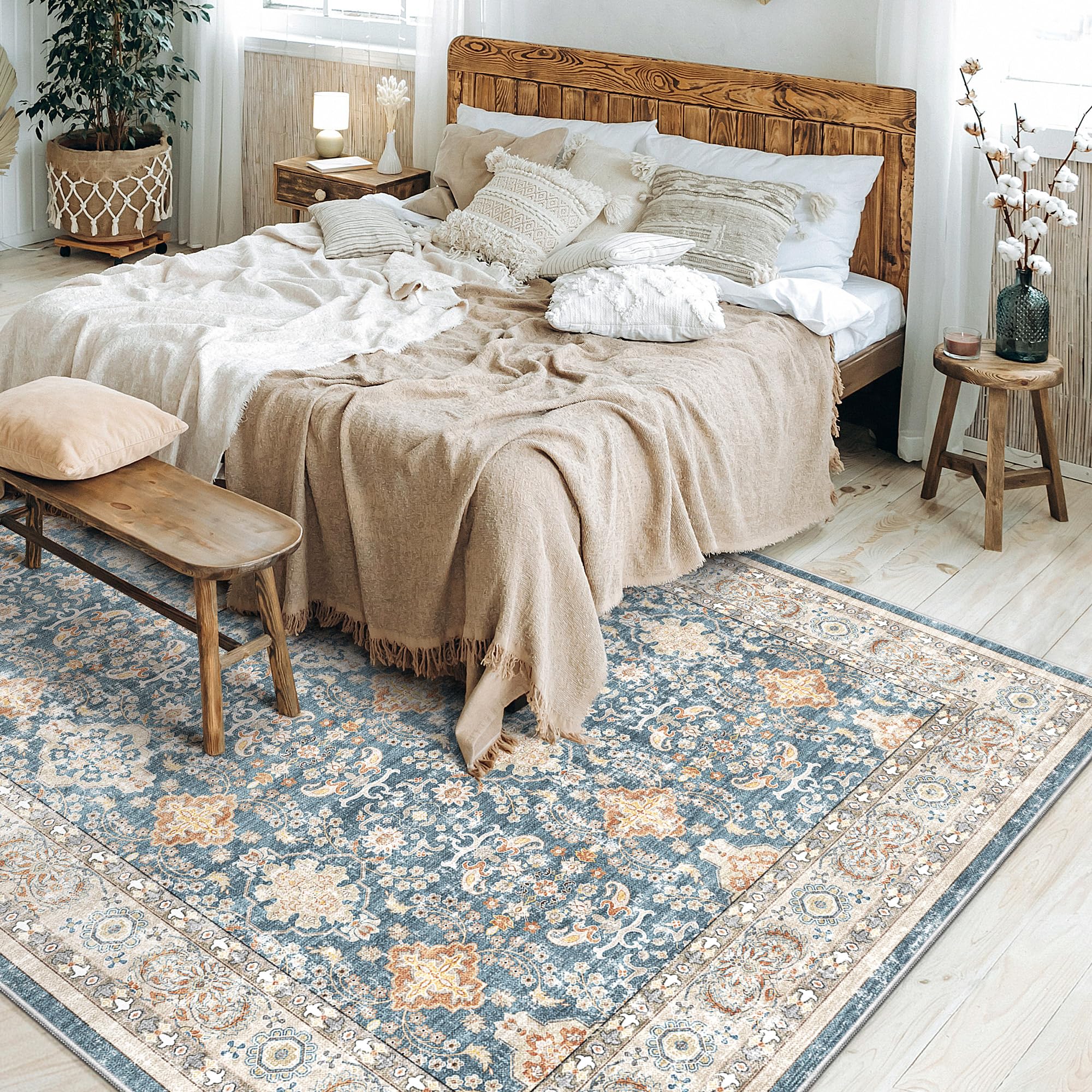 Area Rugs for Living Room: Vintage Boho Floral Print Rug, Ultra Thin Stain Resistant