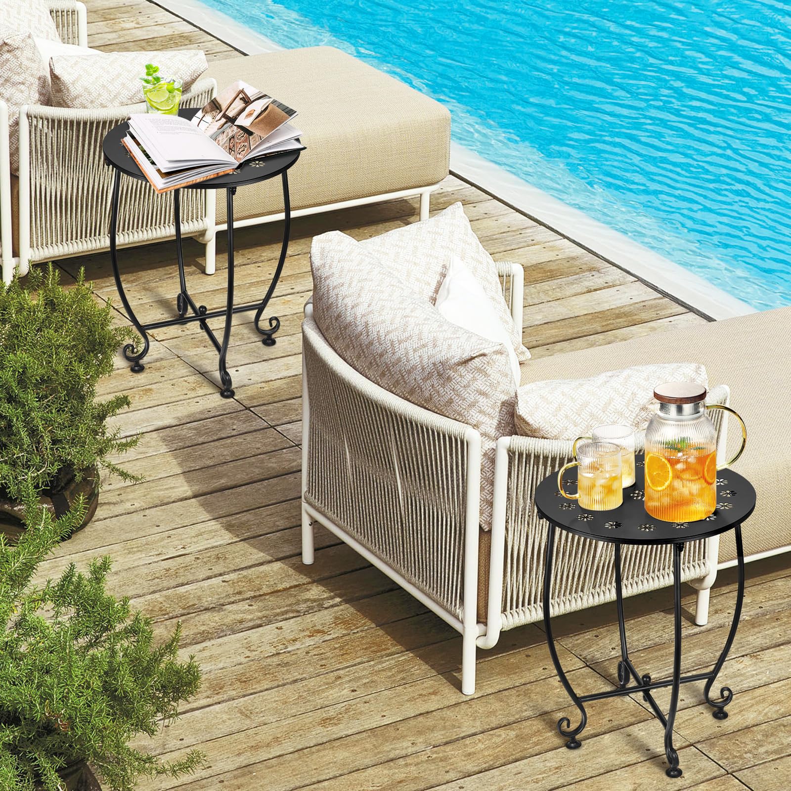 DARCKLE 2 Pack Outdoor Side Tables for Patio, Weather Resistant Steel Patio Side Table, Small Round Outdoor End Table Metal Side Table for Patio Yard Balcony Garden Black (Petal) - Bircata