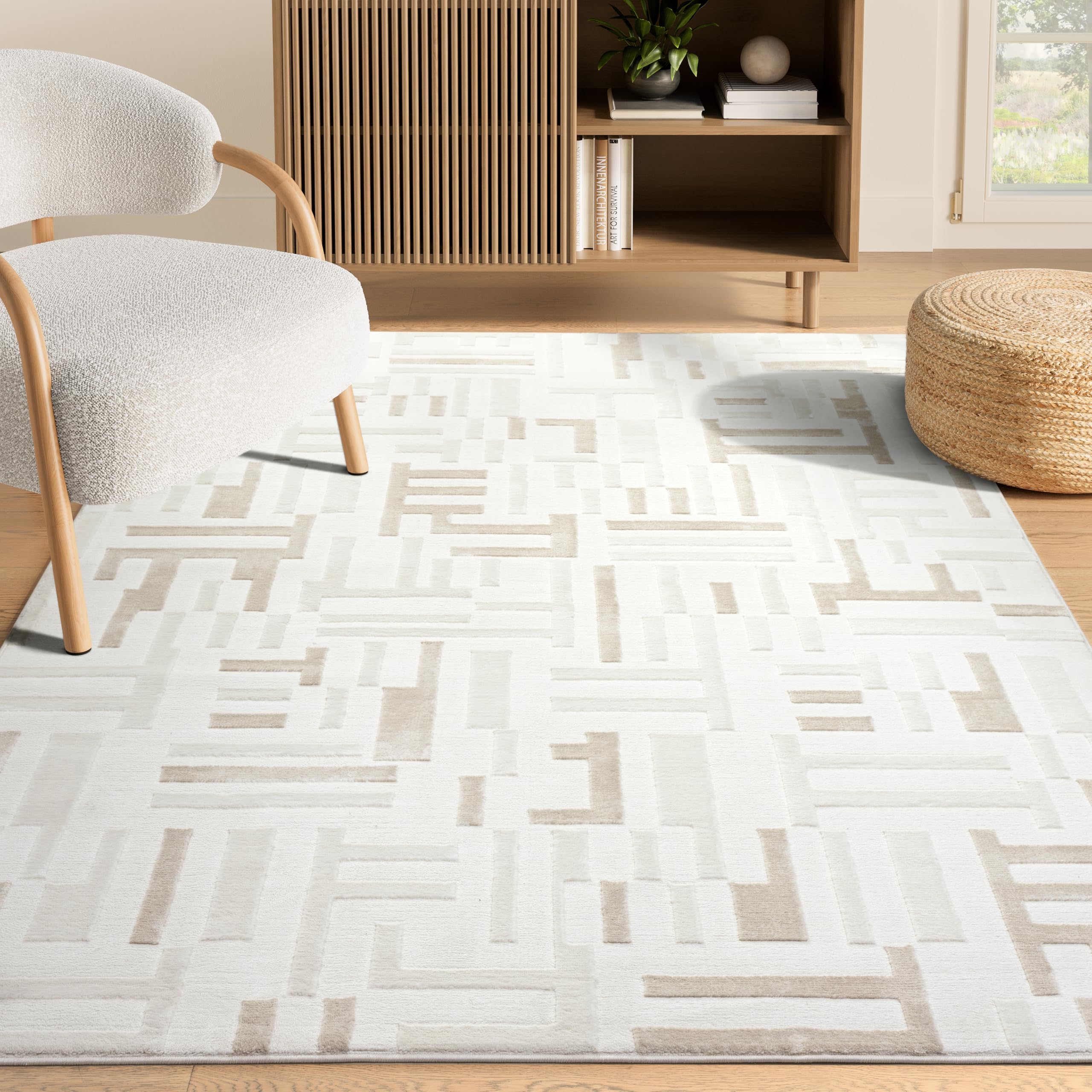 Abani Beige Area Rug - 5' x 8' - Living Room & Bedroom - Geometric Maze Design - Indoor Use - Easy to Clean, Stain Resistant, Non-Shedding - Neutral Collection