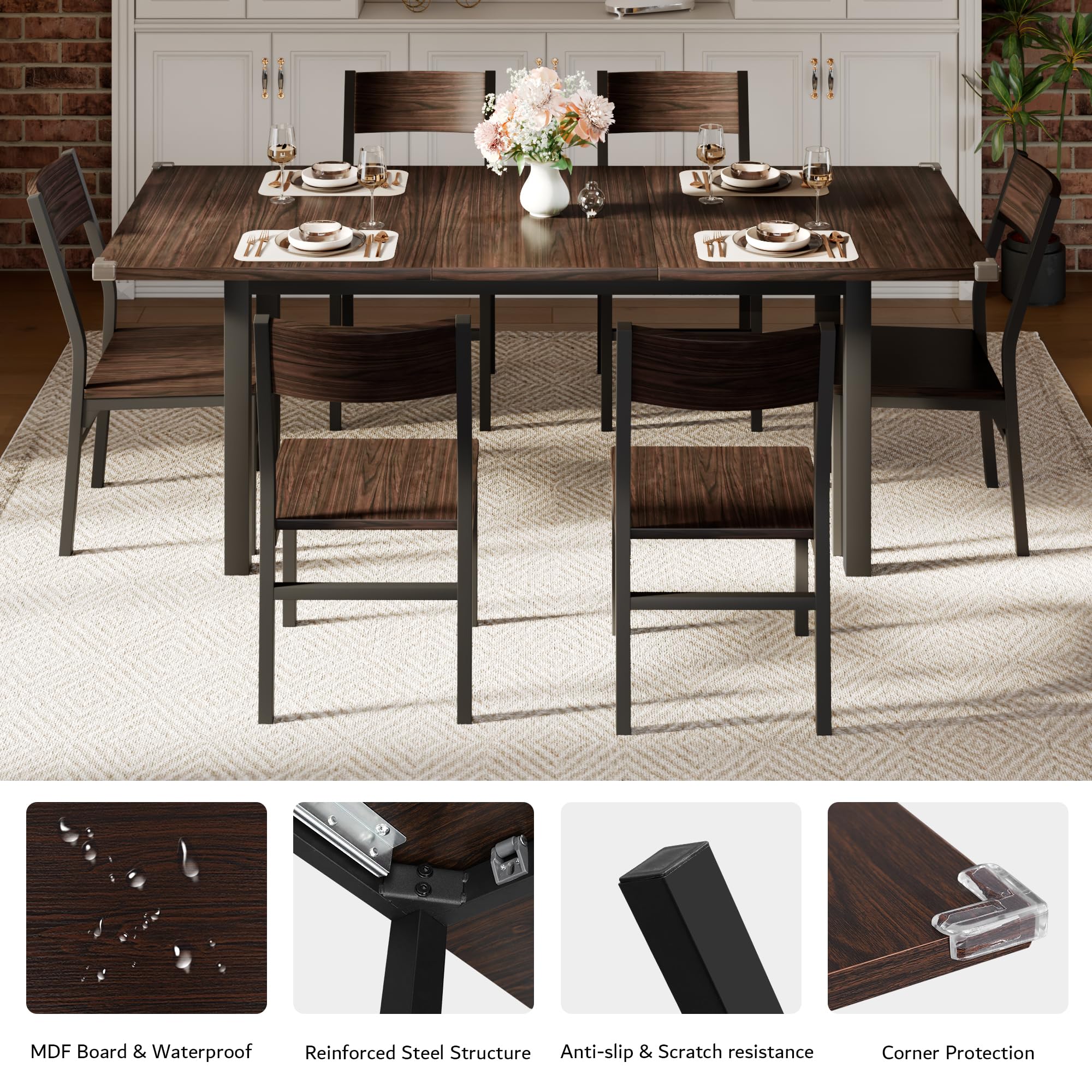iPormis 7 Pieces Dining Table & Chairs Set for 4-6, 63" Extendable Kitchen Table and 6 Chairs, Dining Room Table with MDF Board & Metal Frame, Perfect for Small Space, Easy Clean, Espresso