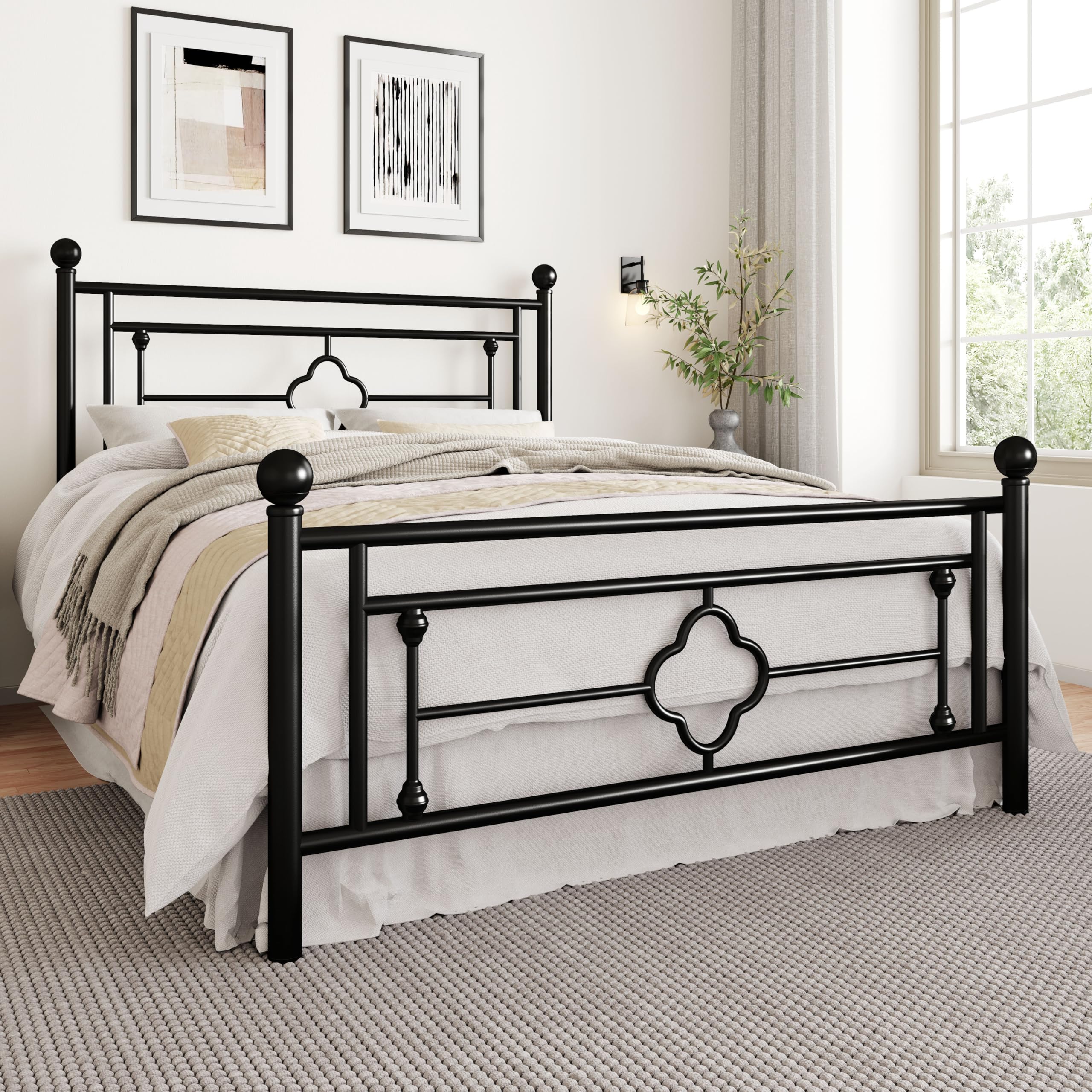 14 Inches Queen Size Metal Platform Bed Frame/Vintage Iron-Art Headboard and Footboard