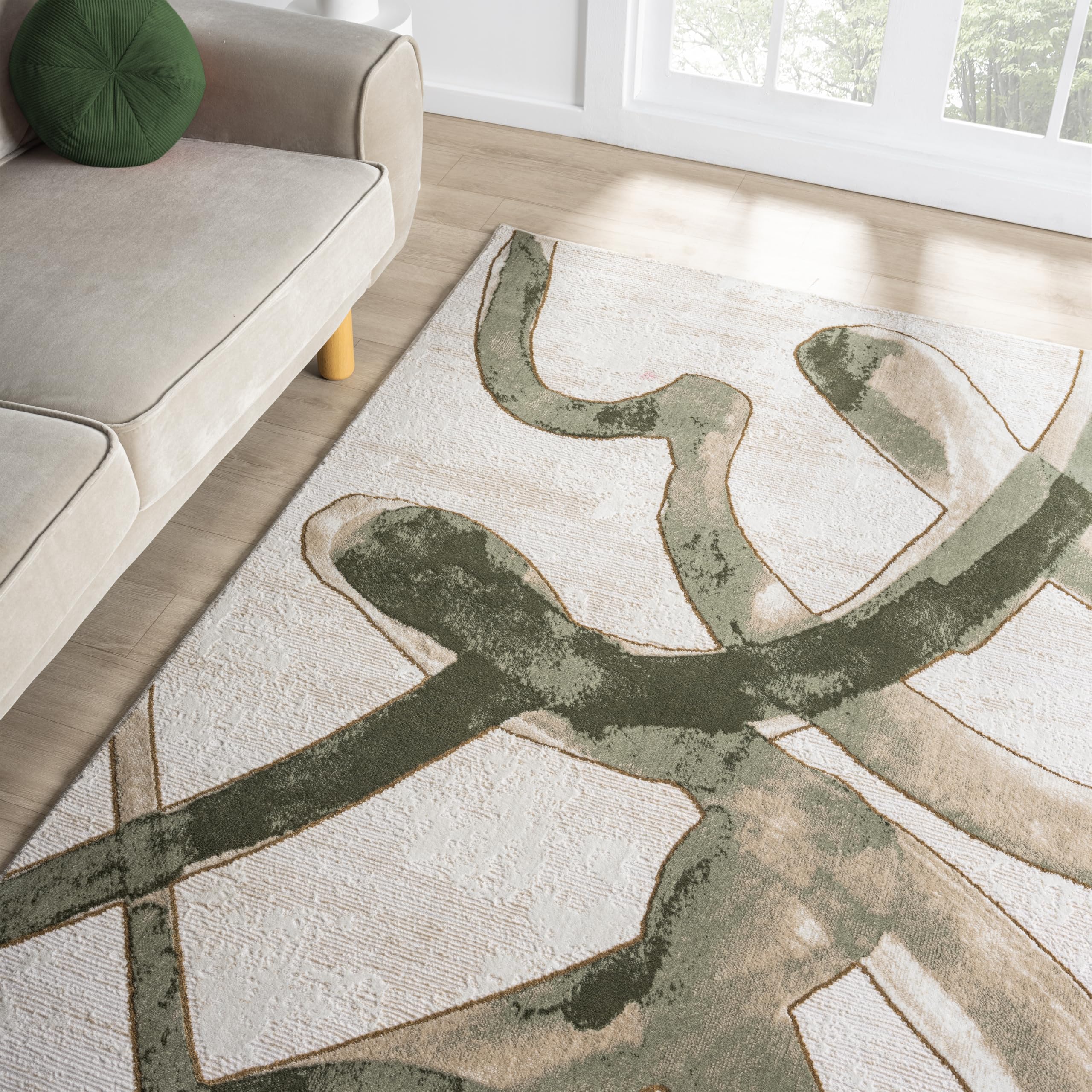 Abani Beige Cream Green Graffiti Washable Area Rug – 8' x 10' – Abstract Artistic Design – Ivy Collection – Non-Shedding, Easy to Clean – Durable for High Traffic Areas – Living Room & Bedroom