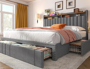 King Size Upholstered Bed Frame with 4 Storage Drawers and Headboard Shelves
