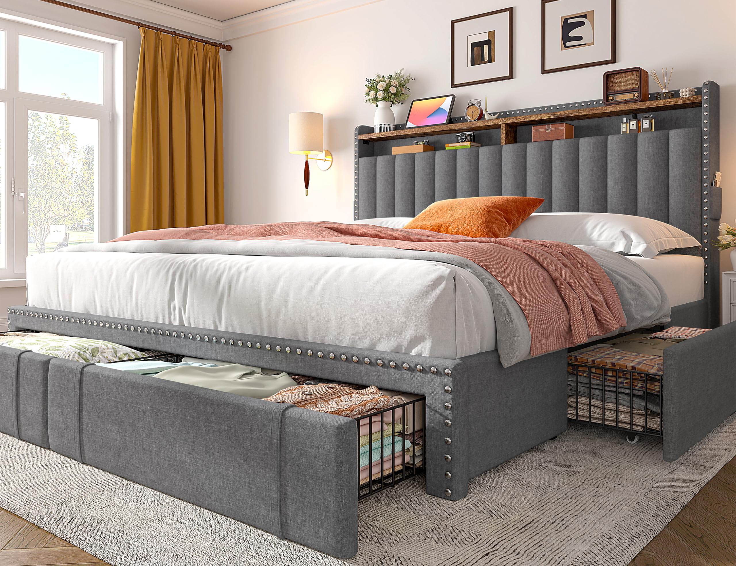 King Size Upholstered Bed Frame with 4 Storage Drawers and Headboard Shelves