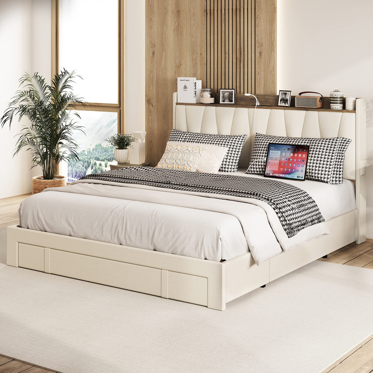 Queen Bed Frame with 3 Drawers, Upholstered Platform Bed with Storage Headboard