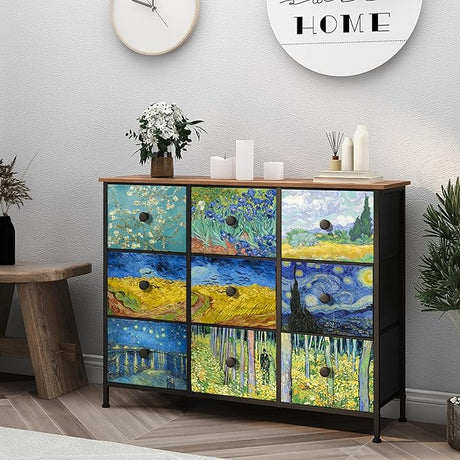 Tall Dresser with 8 Drawer for Bedroom Narrow Van Gogh Chest of Drawers for Hallway