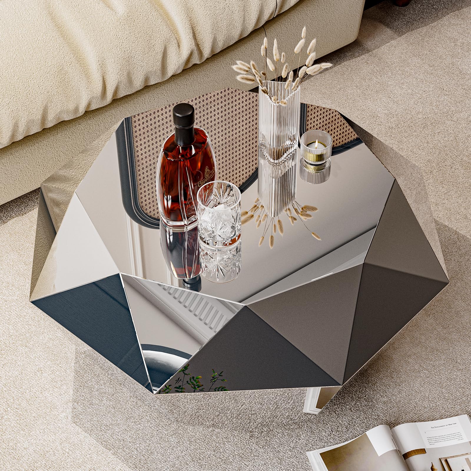 Modern Silver Stainless Coffee Table, Small Diamond Fashion Design
