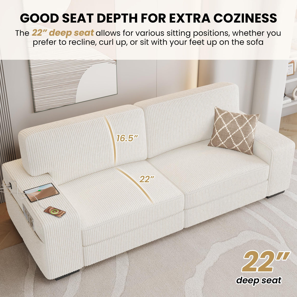 83.5" W Modern Sofa Couch 2 Seater Corduroy Fabric Sofa