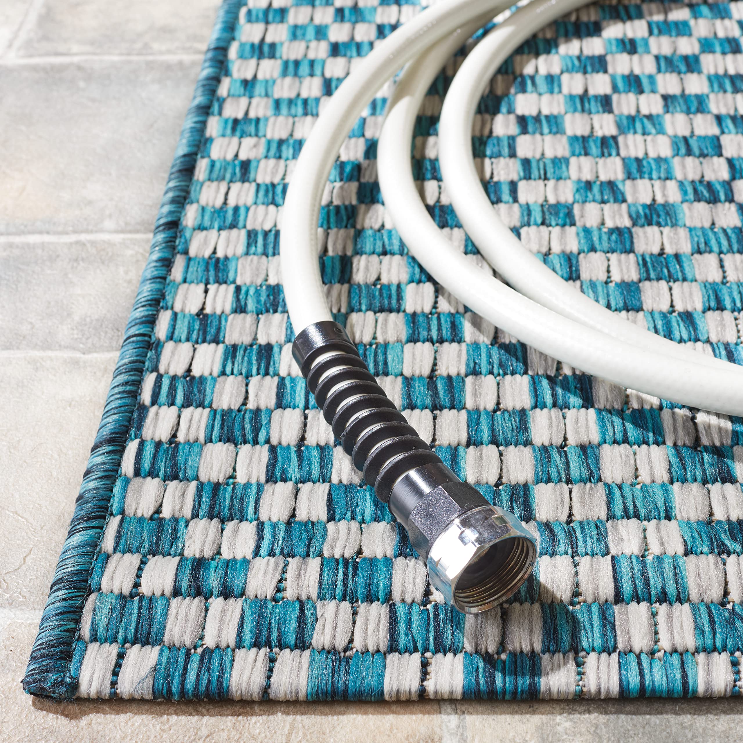 Courtyard Collection 2'7' x 5' Turquoise / Light Grey CY8653 Indoor/ Outdoor Patio