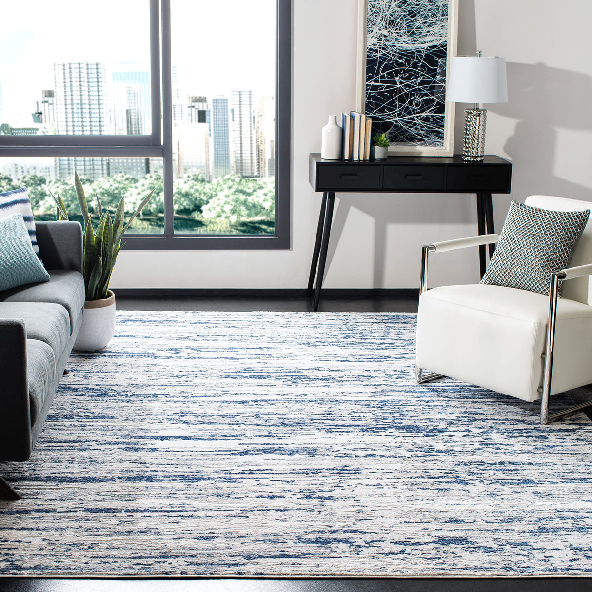 Amelia Collection Area Rug - 8' x 10', Grey & Navy, Modern Abstract Design