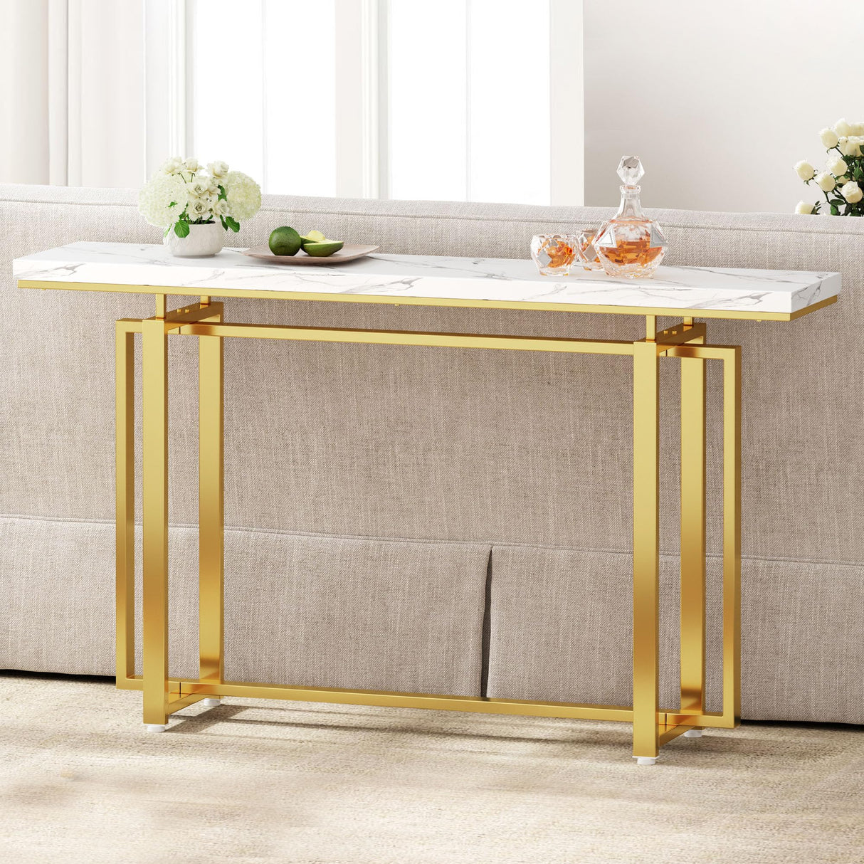 55’’ Gold Console Table, Marble Pattern Top Entry Table, Sofa Table with Gold Metal Leg